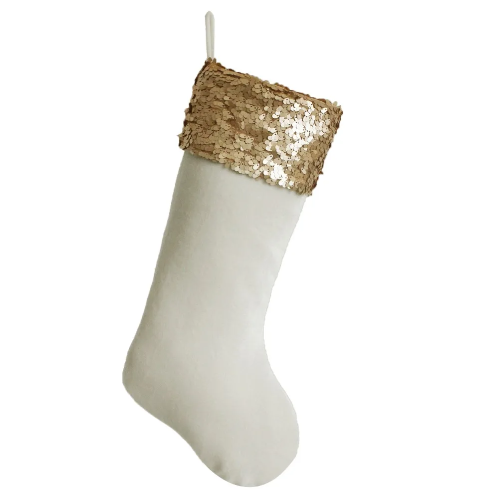 

Free shipping Decoration Sequin Glitter Cuff Christmas stocking with velvet fabric White Color P4642-s