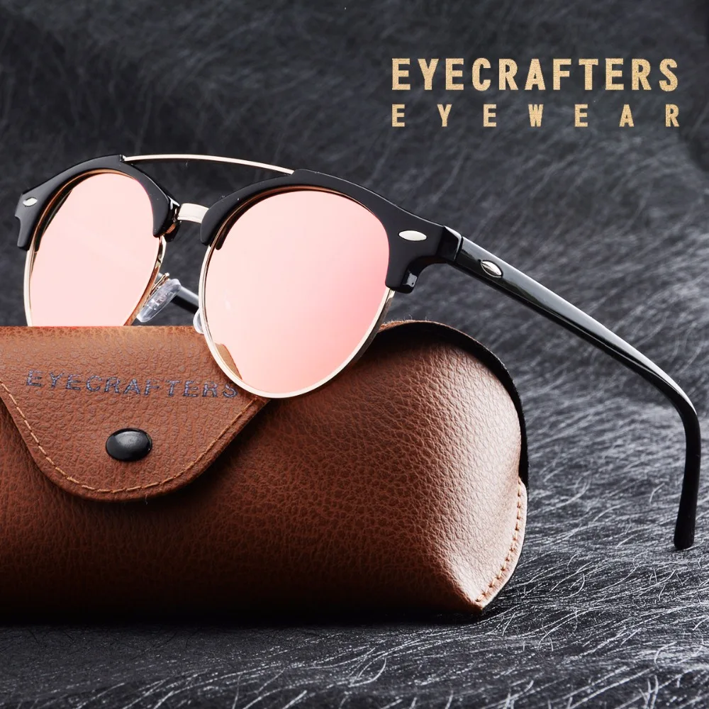 

Pink Retro Vintage Mens Polarized Sunglasses Womens Brand Design Club Round Sunglasses Double Bridge Eyewear Oculos de sol UV400