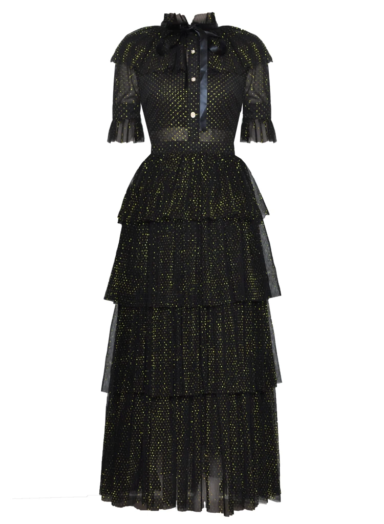 MoaaYina модное дизайнерское подиумное платье Летнее женское стоячий воротник короткий рукав бант сетка люрекс Элегантное нарядное платье