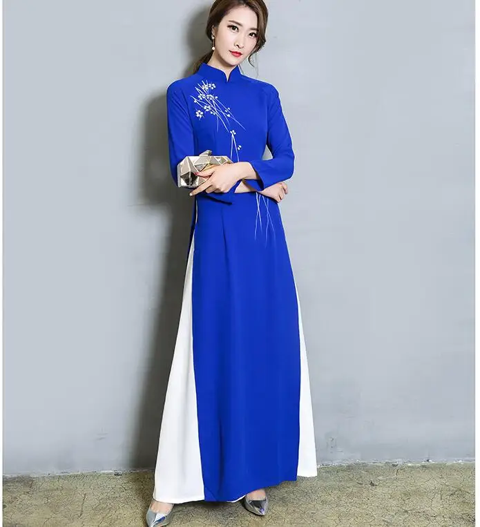 Китайский cheongsam Вьетнам Ао Дай с длинным рукавом синий Ципао улучшение Qi Pao