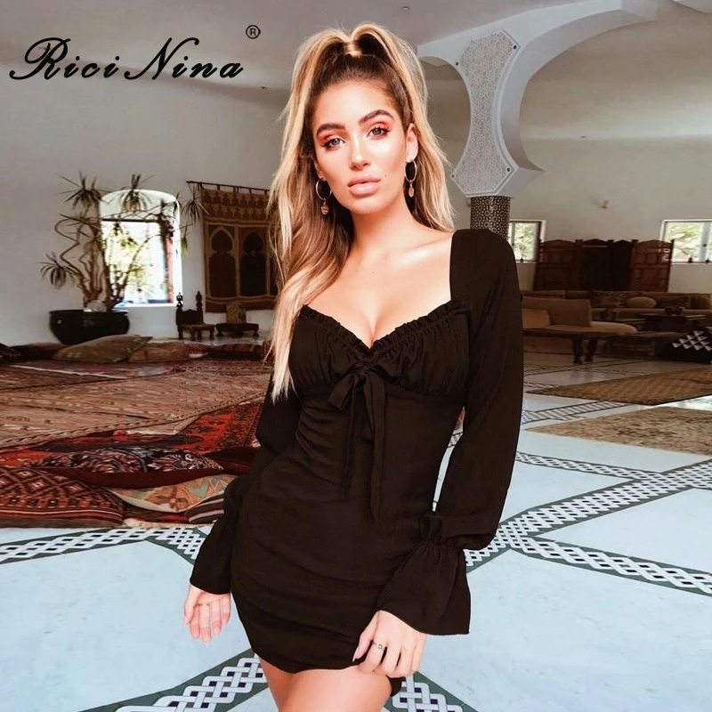 

RICININA Fashion Summer Casual Women Dress Slash Neck Flare Sleeve Bandage Black Mini Dress Woman Loose Party Dress Vestidos