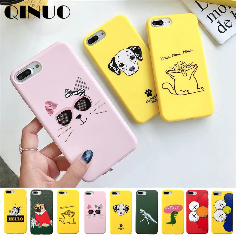 QINUO Cute Cartoon Dinosa Case For iPhone X XS Max XR Funny pet Cat Dog Soft TPU 6 6s 8 7 Plus Lovely Cover Capa |