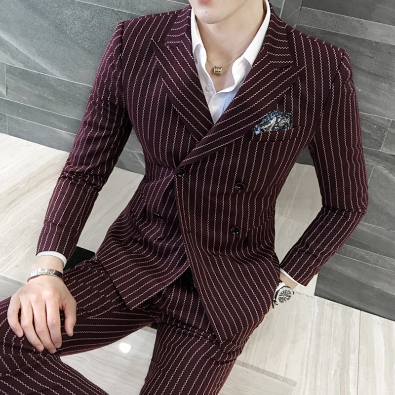 Размер S-5XL(пиджак+ жилет+ брюки) мужской двубортный костюм Модный Полосатый Свадебный костюм жениха/мужской повседневный деловой костюм - Цвет: Red wine