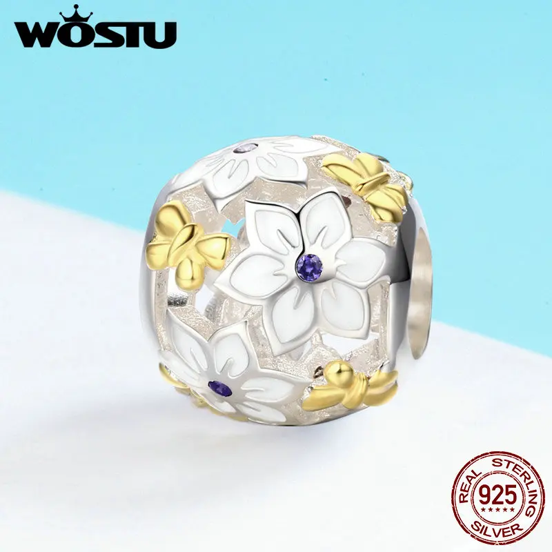 WOSTU Authentic 925 Sterling Silver Gold Color Flowers and Butterflies Charm Beads for Original WST Bracelet Jewelry DXC546