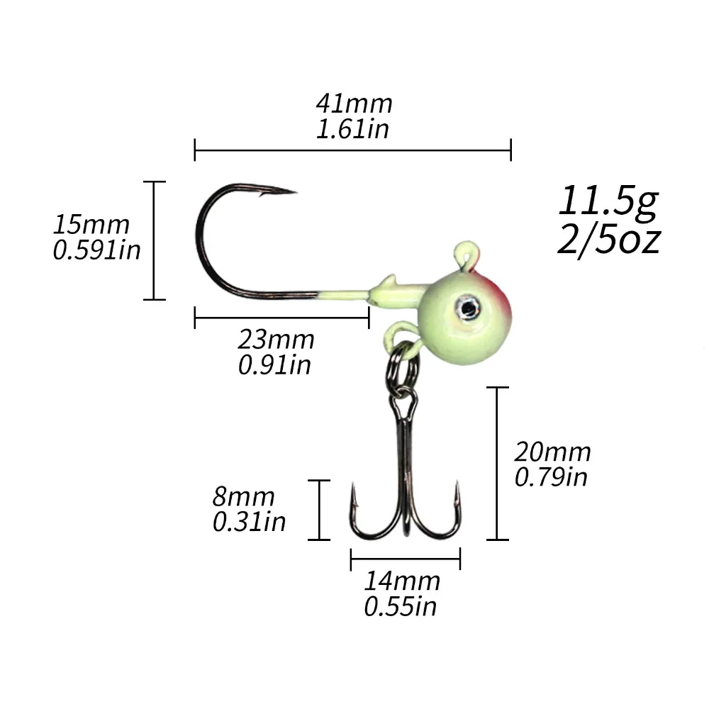 2 шт., 4 см, 11,5 г, светящиеся джиг-головки, рыболовные крючки, пресноводные, соленые, свинцовые, Круглые, углеродистая сталь, тройные Крючки