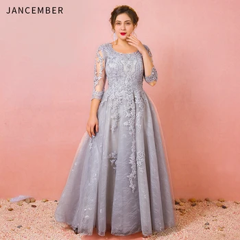 

JANCEMBER Plus Size Evening Dresses O-Neck Tulle Three Quarter Lace Up Back Pattern Applique A-Line 2019 Latest robe de soiree