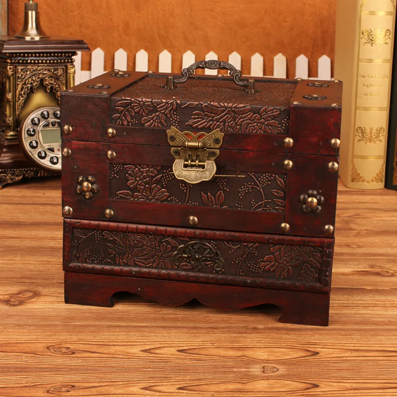 Chinese Jewelry Box Classical Old Dressing Box Wooden With Lock
