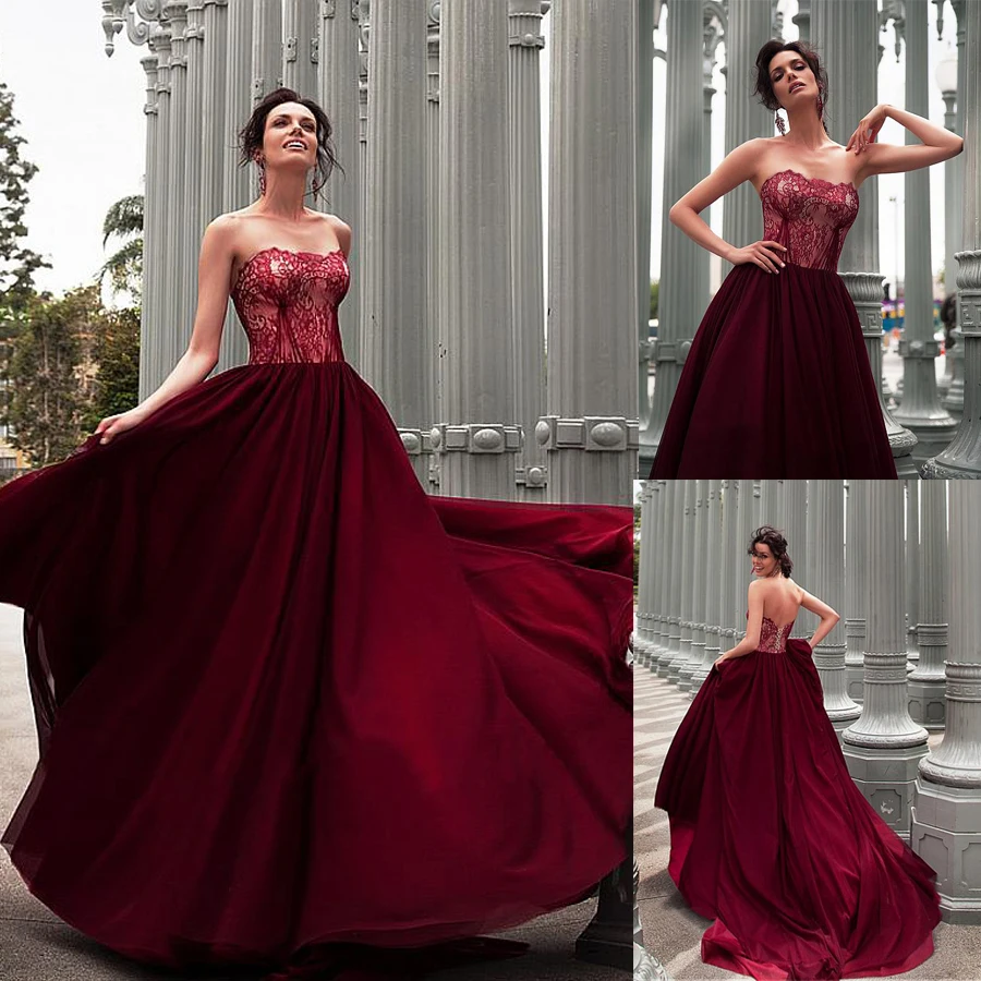 

Amazing Lace & Chiffon Sweetheart Neckline A-line Wedding Dresses Burgundy Long Bridal Dress vestidos de novias