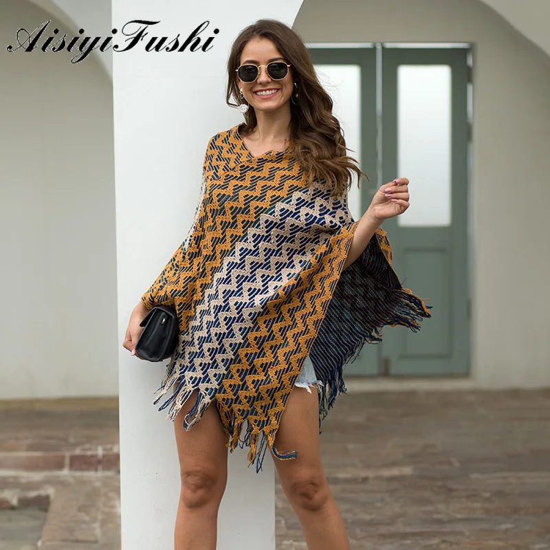 

New Women Knitted Cloak Sweater Striped Poncho Coat Cloak Knitting Warm Tassel Shawl Winter Woman Sweater Knitting Pullovers