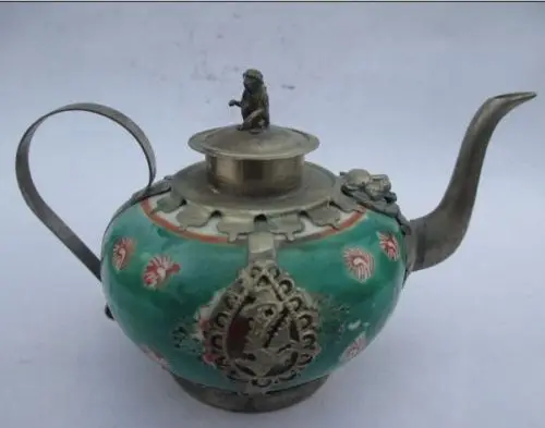 

Elaborate Ancient Chinese Old Tibetan Silver Inlain with Ceramic Teapot