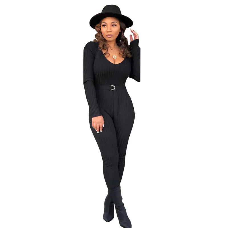 Adogirl Solid Ribbed Knitting Skinny Jumpsuit with Belt Women Sexy Deep V Neck Long Sleeve Casual Romper Club Overall Tracksuit