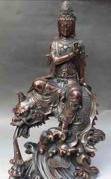 

0 19" Chinese Buddhism Bronze Ride Dragon Kwan-yin Guan Yin Guanyin Buddha Statue