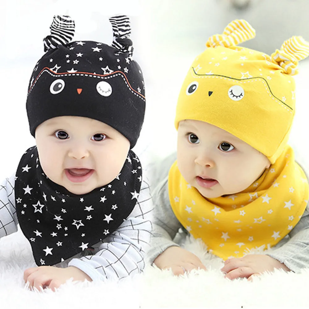 Лидер продаж, весенне-осенне-зимняя теплая шапочка для малышей, новорожденных, детей, комплект из 2 предметов для маленьких мальчиков и девочек, шапка+ бандана, нагрудник, слюнявчик, шапки, шарфы, шапки