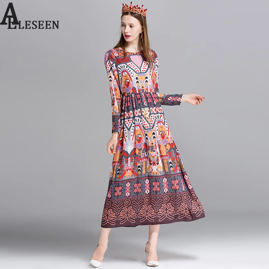 

European Boho Vestidos 2017 Summer Autumn Long Sleeve Luxury Ethnic Totem Print Mid-Calf Luxury Vintage Dress New Fashion