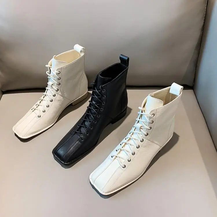 

Solid Black White Leather Ankle Boots For Women Chic Square Toe Cross Tied Lace Up Ladies Shoes Low Chunky Heel Martin Boots