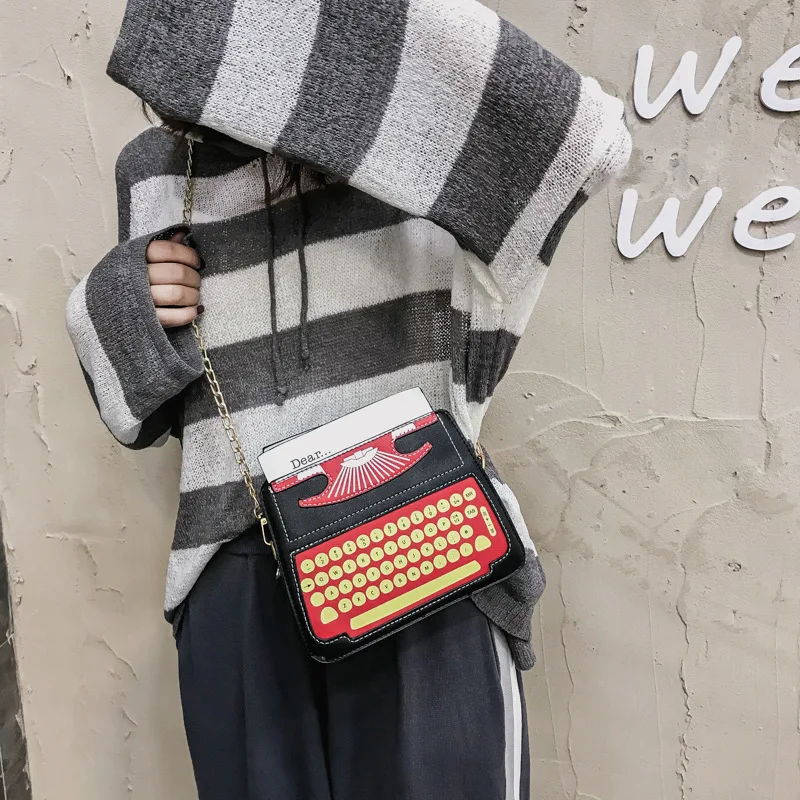  Funny Cartoon Typewriter Design Pu Leather Women's Casual Shoulder Bag Totem Femal Crossbody Mini M - 32953827370