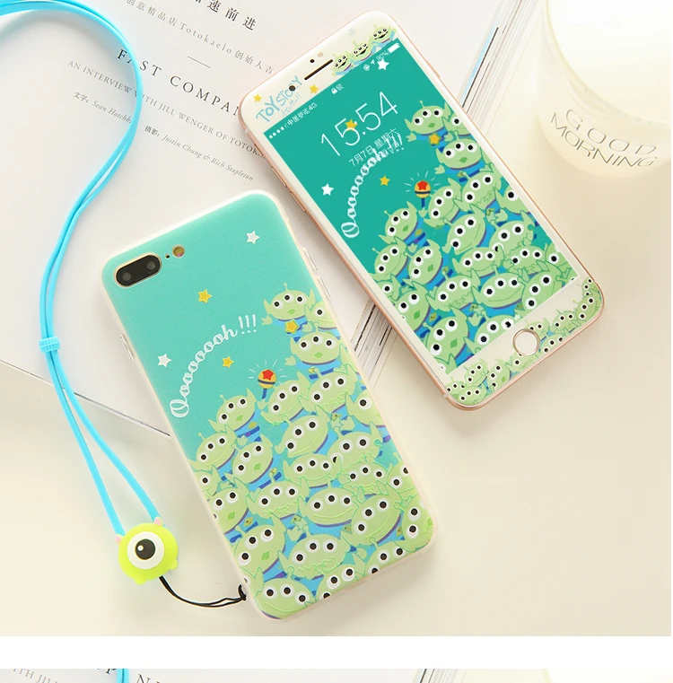 Toy Story hard case For iPhone 8/7 plus & tempered glass film, for iPhone X 6 6s plus cute cartoon animal phone cover + strap
