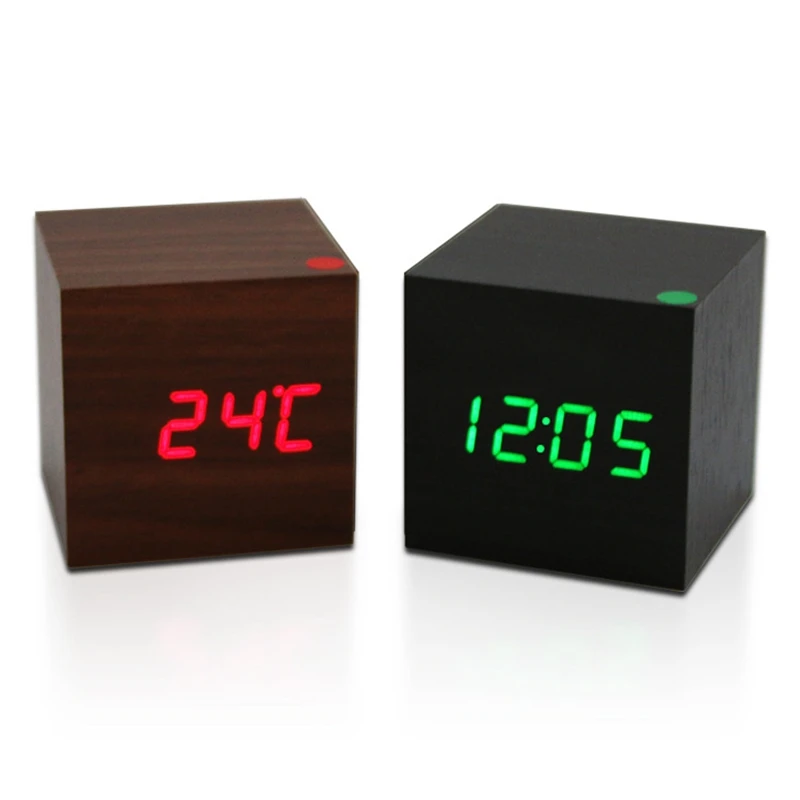 

High Quality Smart Home Mini Digital Voice Control Cube Wooden Thermometer Date Display Alarm Clo-ck