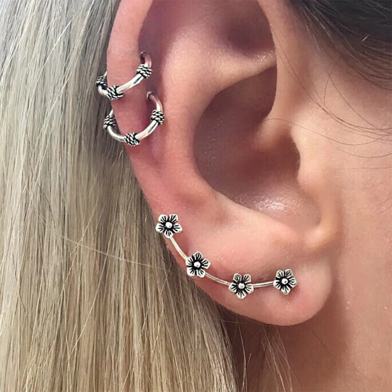 

3pcs Vintage Silver Color Tribal Totem Hoop Earring set Handmade Punk Ethnic Flower Endless Circle Earrings For Women Jewelry