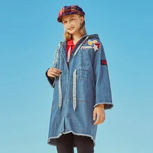 Модная женская джинсовая куртка с капюшоном, пальто, Новое поступление, регулируемая джинсовая куртка с вышивкой, женские длинные джинсовые куртки