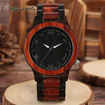 

YISUYA Nature Sport Casual Red Black Sandalwood Analog Bangle Full Wooden Bamboo Men Push Button Hidden Clasp Wrist Watch Gift