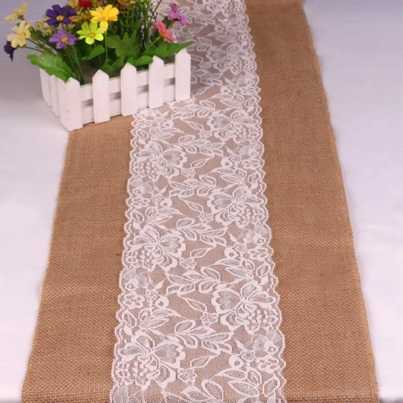  high quality 30cm*275cm Vintage White Christmas Lace Jute Table Runner Hessian Burlap Party Supplie