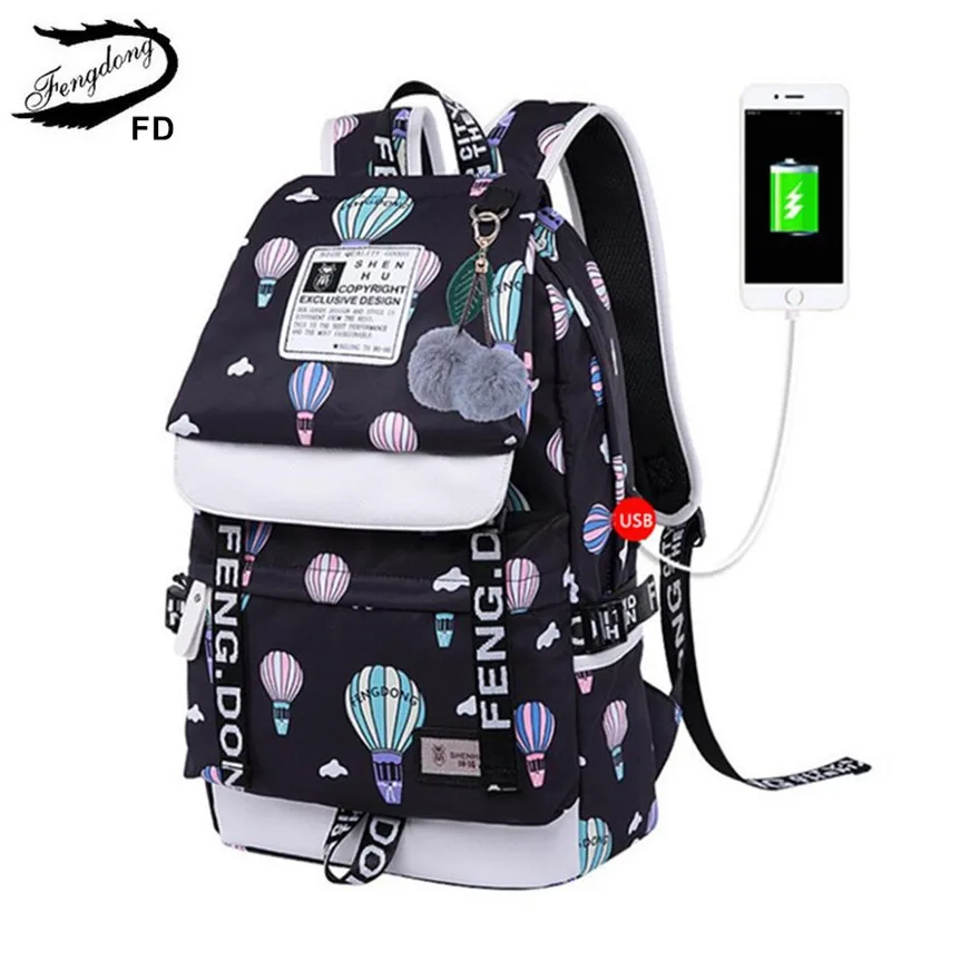 FengDong marke designer schwarz laptop rucksack frauen reisetaschen mode ballon druck schule rucksack für mädchen weibliche tasche Online