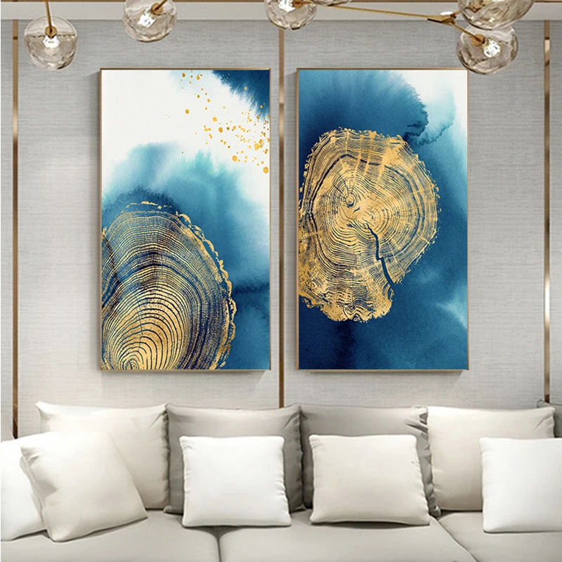 

Golden Ring Canvas Painting Abstract Cuadros Salon Big Poster Print Blue Fog Wall Art Picture for Living Room Luxurious Tableaux