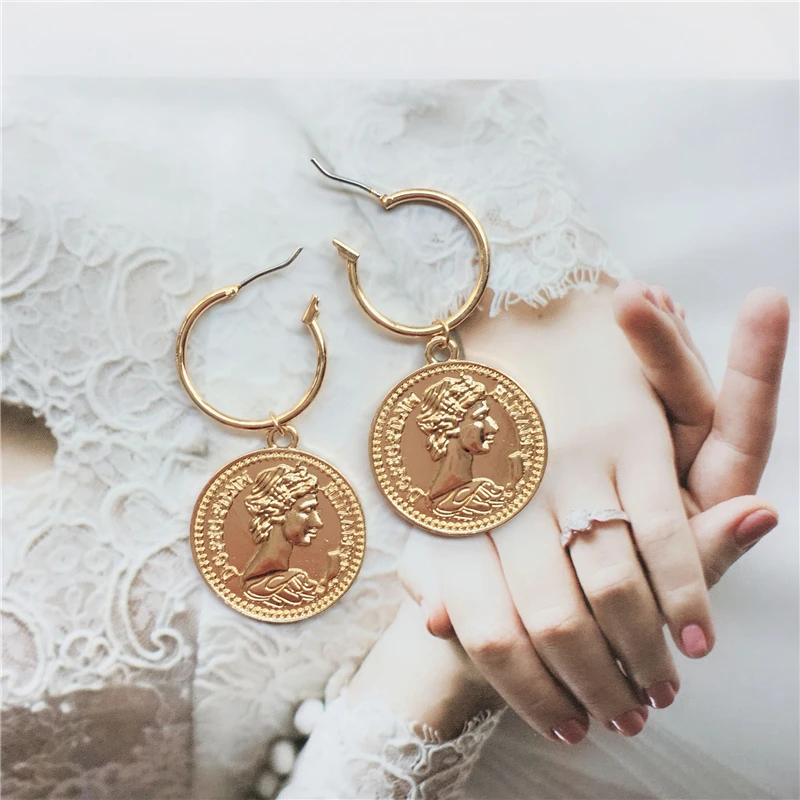 Винтажные старинные золотые королевские серьги со свисающими монетами для женщин, модные геометрические круглые Висячие серьги, модное ювелирное изделие Pendientes