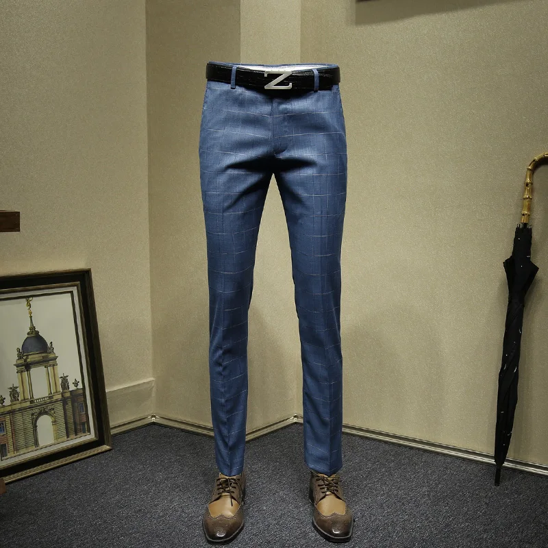 

mens dress pants formal business slim fit blue plaid suit pant wedding groom wear fashion father day gifts plus size 36