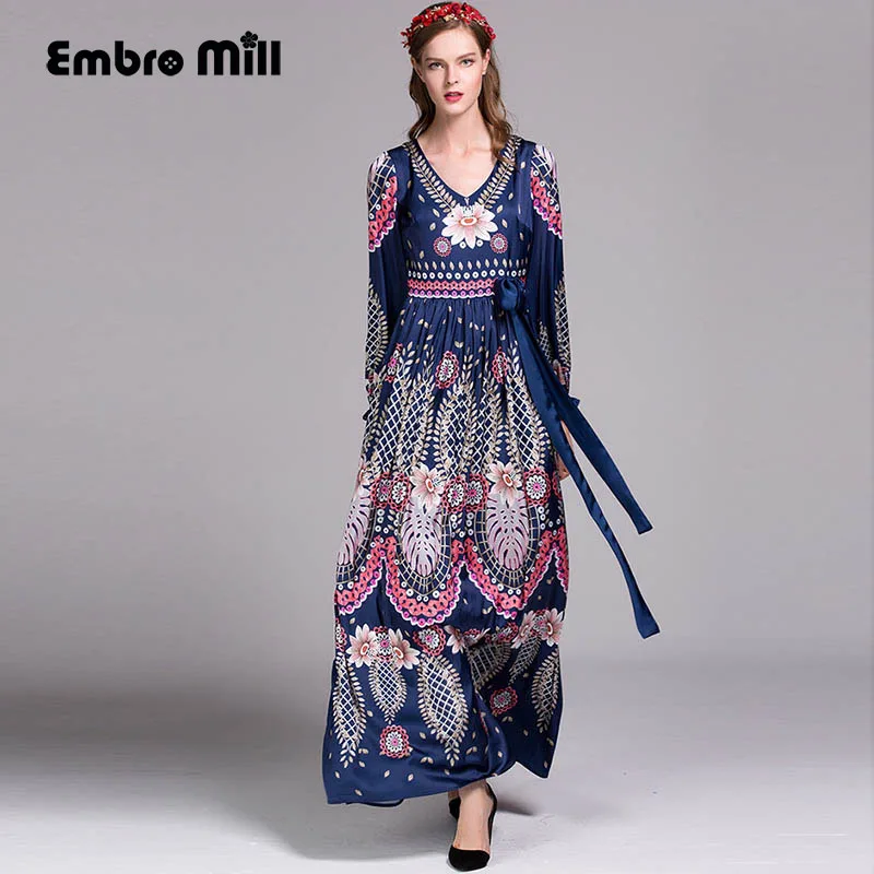 High quality maxi dresses with flowers 2017 fashion V neck retro royal