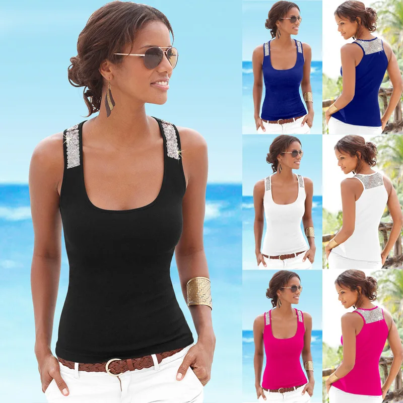 

S-3XL Summer 2019 Women Vest Tank Tops Sleeveless Patchwork Sexy Sequined Tank Tops Slim Casual Streetwear Women Tops Blusa
