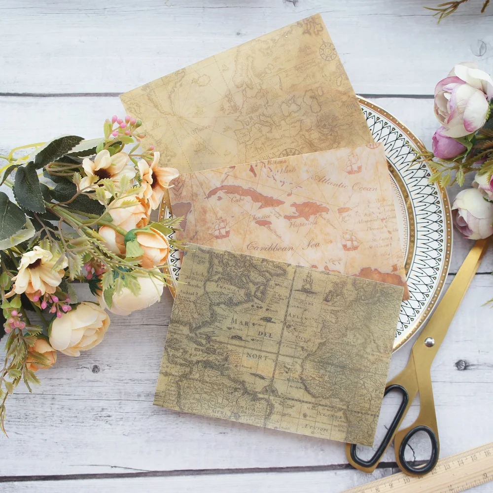 

10*15cm 3pcs old time map design envelop as postcard message card invitation envelop transparent paper