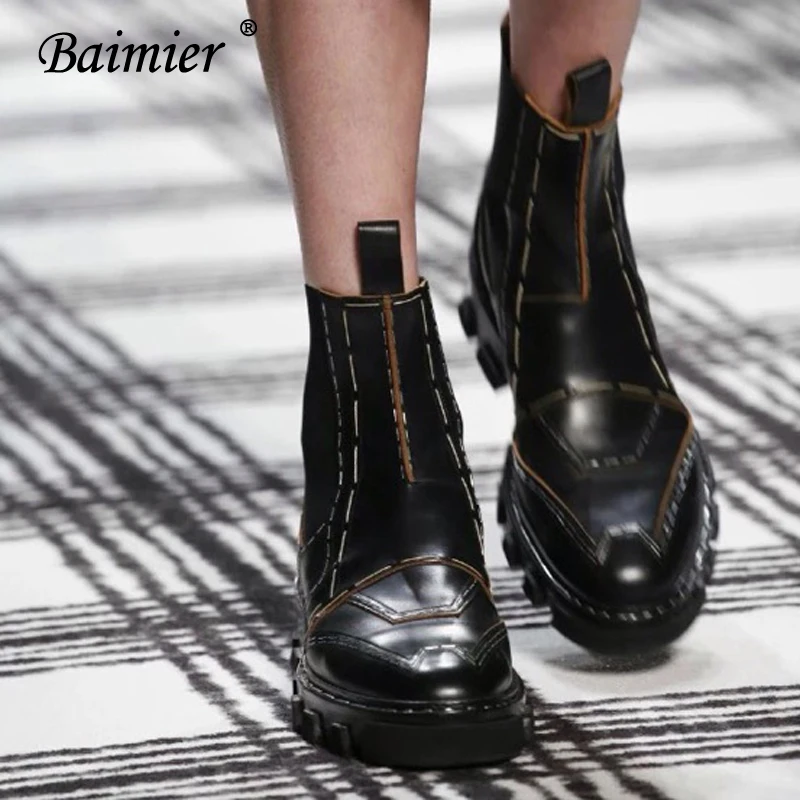 Baimier/женские ботинки из натуральной кожи; ботильоны для женщин с круглым носком; теплые плюшевые женские зимние ботинки; модная женская обувь на высоком каблуке