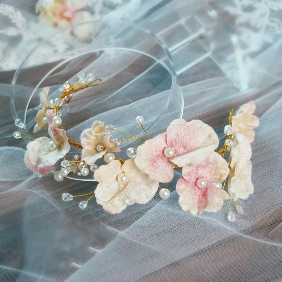

1pc/lot Romantic Bridal Hairwear Ornament Piece Floral Fabric Headband Wedding Headdress Flower Vine Wreath Jewelry Accessories