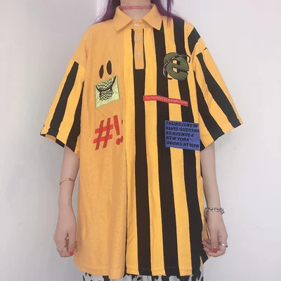 Harajuku девушка хип-хоп Tiaodi улыбающееся лицо в полоску цвет ed отложным воротником свободные поло воротник - Цвет: Цвет: желтый