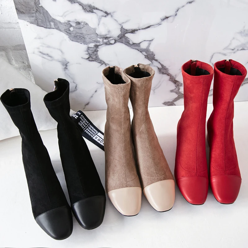 2018 autumn and winter new elastic boots Thick short women's Low heel leather Large size shoes |