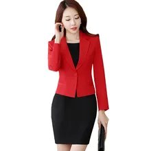 Fmasuth Для женщин Костюмы Блейзер костюм комплект 2 шт. с длинным рукавом Красный Блейзер+ без рукавов Платье черного цвета Femme офисные комплект ow0419