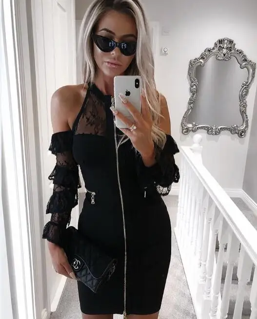 

High Quality Celebrity Fashion Dress Long Sleeve Sexy Off the Shoulder Bodycon Mini Dress Party Event Dress