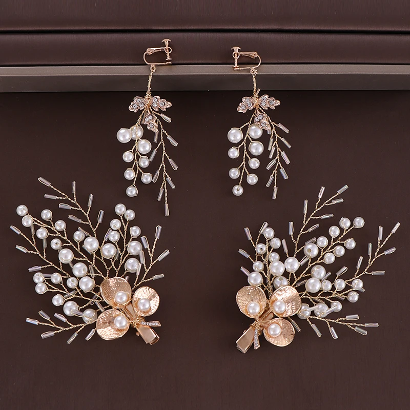 

3 Pcs/Set Trendy Pearls Rhinestone Hairgrips Earrings Sets Gold Leaf Hair Clips For Women Bride Wedding Hair Jewelry Accessories