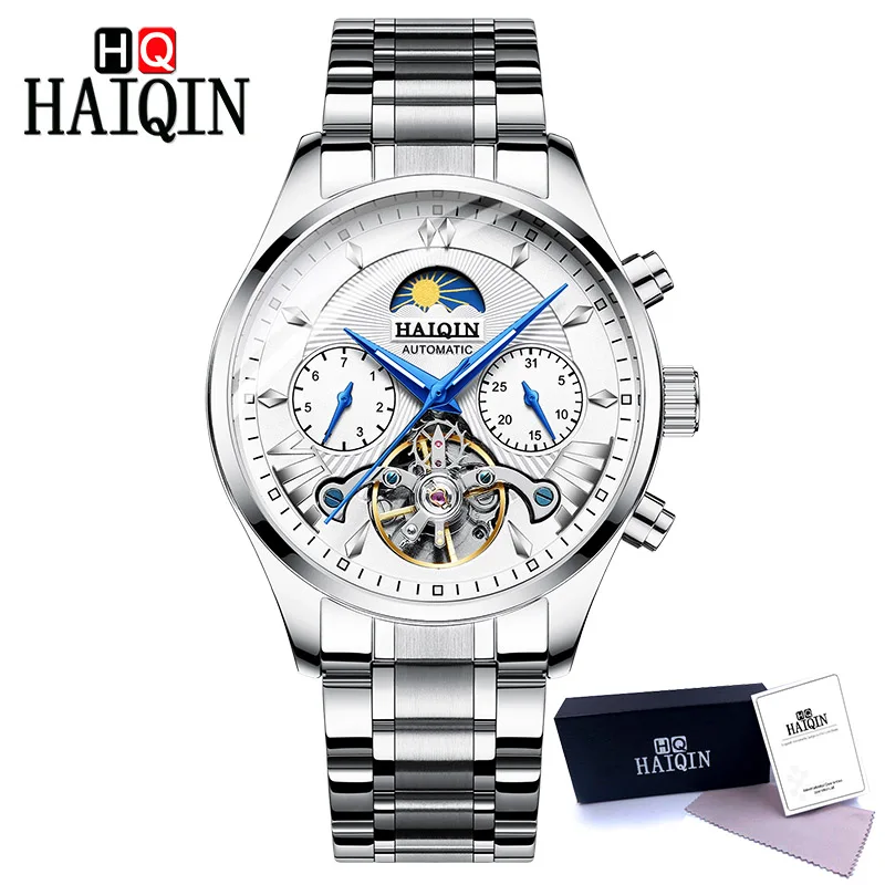 HAIQIN, мужские часы, часы для мужчин, роскошные модные мужские механические часы, бизнес бренд, военные/спортивные/часы, Relogio Masculino - Цвет: Silver-White