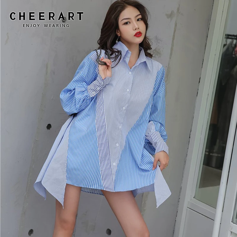 Женская рубашка в синюю полоску Cheerart свободная оверсайз с длинным рукавом
