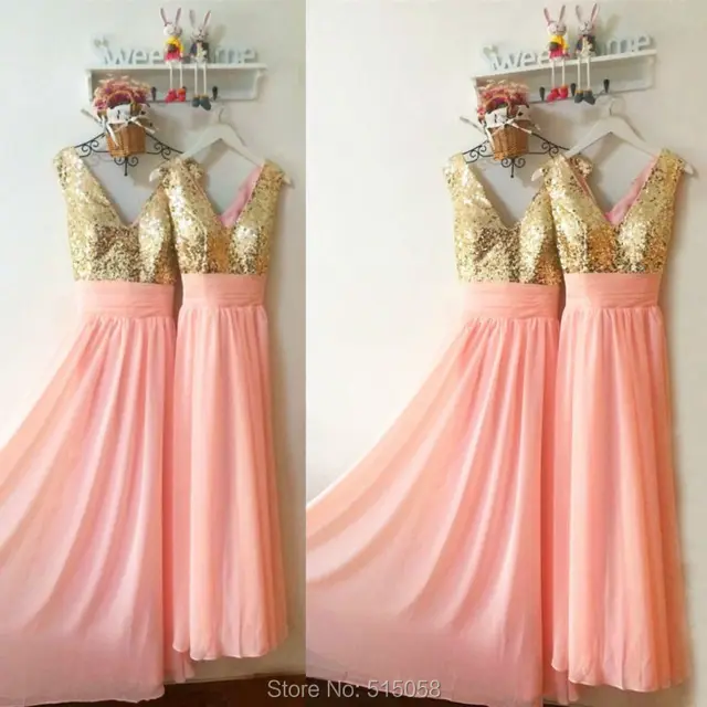 Gold Sequins V Neck Long Pink Chiffon Bridesmaid Dresses 2017 Gold Sequins V Neck Long Pink Chiffon Bridesmaid Dresses 2017 Elegant