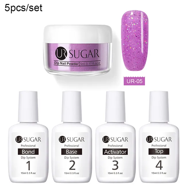 UR SUGAR 5pcs Dipping Nail Glitter Powder Kits Without Lamp Cure Dip System French Manicure with Base Activator Liquid Gel Set - Цвет: Colorful 5