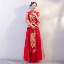 Для женщин китайские традиционные классические вышивка Cheongsam свадебный тост платье показать тонкий Дракон-феникс леди Qipao вечернее платье