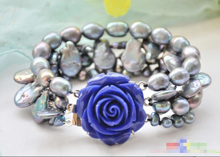 

Free shipping >>>>>>P5311 4row 8" 14mm black coin baroque rice freshwater pearl bracelet