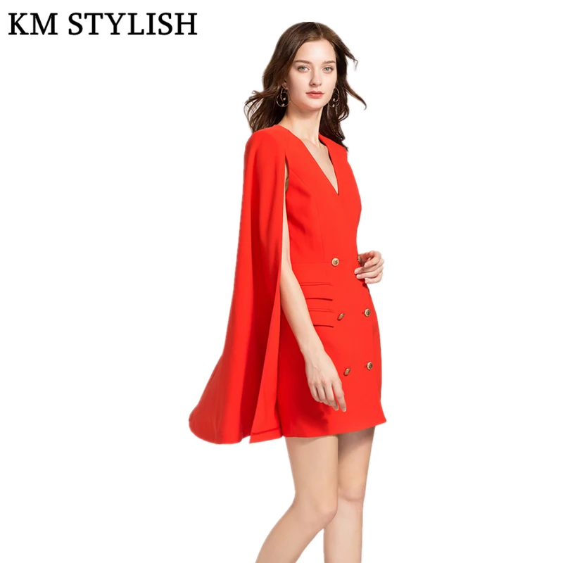 2018 Autumn New Cloak Sleeves Blazer Slim V-neck Red Mini Suit Dress With Pockets Female Dresses