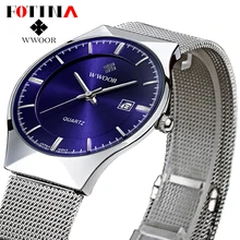 FOTINA Top Brand WWOOR Часы Мужчины 50 м Водонепроницаемый Ультра Тонкий Дата часы Мужчины Стали Ремешок Часы Мужской Кварцевые Наручные Спортивные Часы
