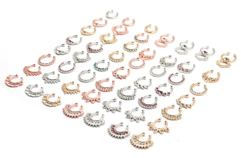 Более 40 Дизайнов циркония Поддельные Нос кольцо кольца украшения для носа и тела поддельные перегородки Кольца пирсинг летний стиль