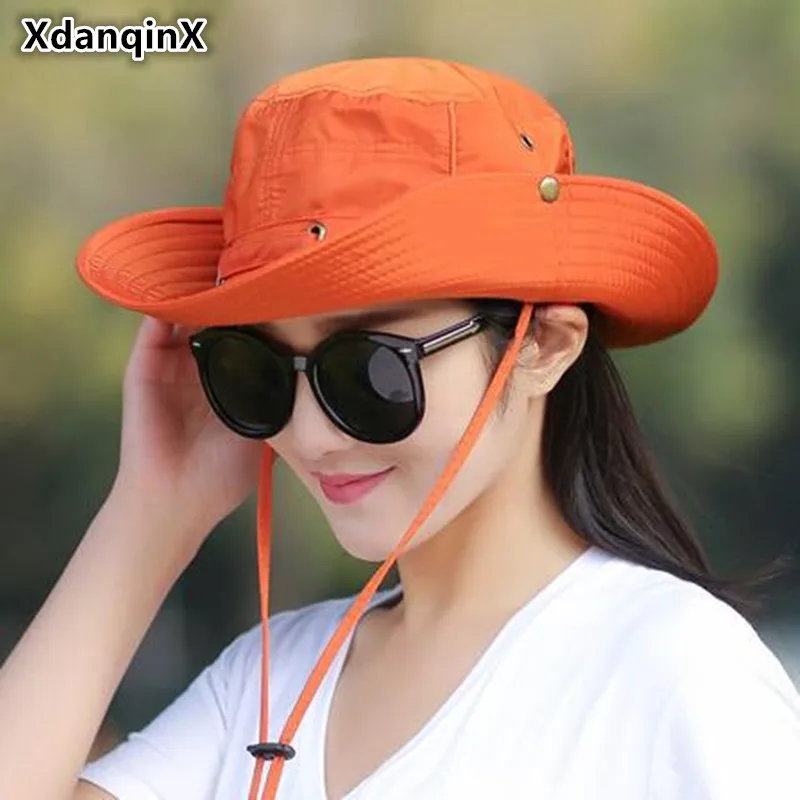 

XdanqinX Foldable Adult Lady Summer Cotton Breathable Bucket Hats Wind Rope Fixed Adjustable Sunscreen UV Protection Sun Hat
